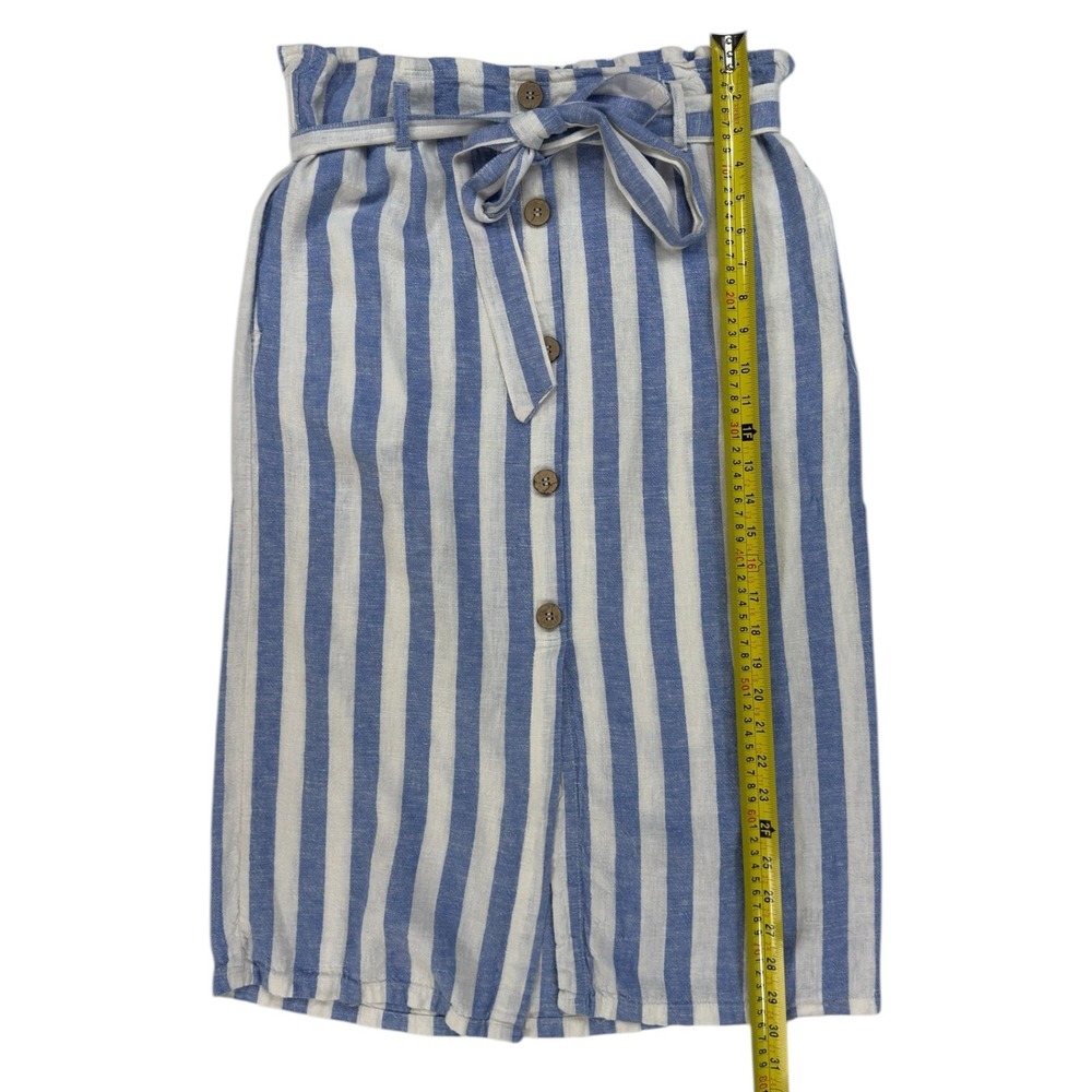 Love Tree Linen L Striped Midi Skirt Blue White Paperbag Waist Nautical Beachy - Picture 8 of 12